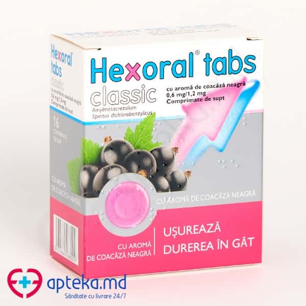 Hexoral Tabs Classic aromă coacază neagră comp. de supt 1,2 mg + 0,6 mg N4x4